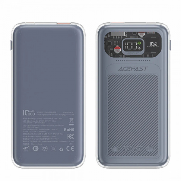 Мобильный аккумулятор ACEFAST M1, 10000mAh, 1 USB, 2 Type-C выхода, PD30 Вт, QC3.0, дисплей, цвет: бледно зеленый (6974316282013)